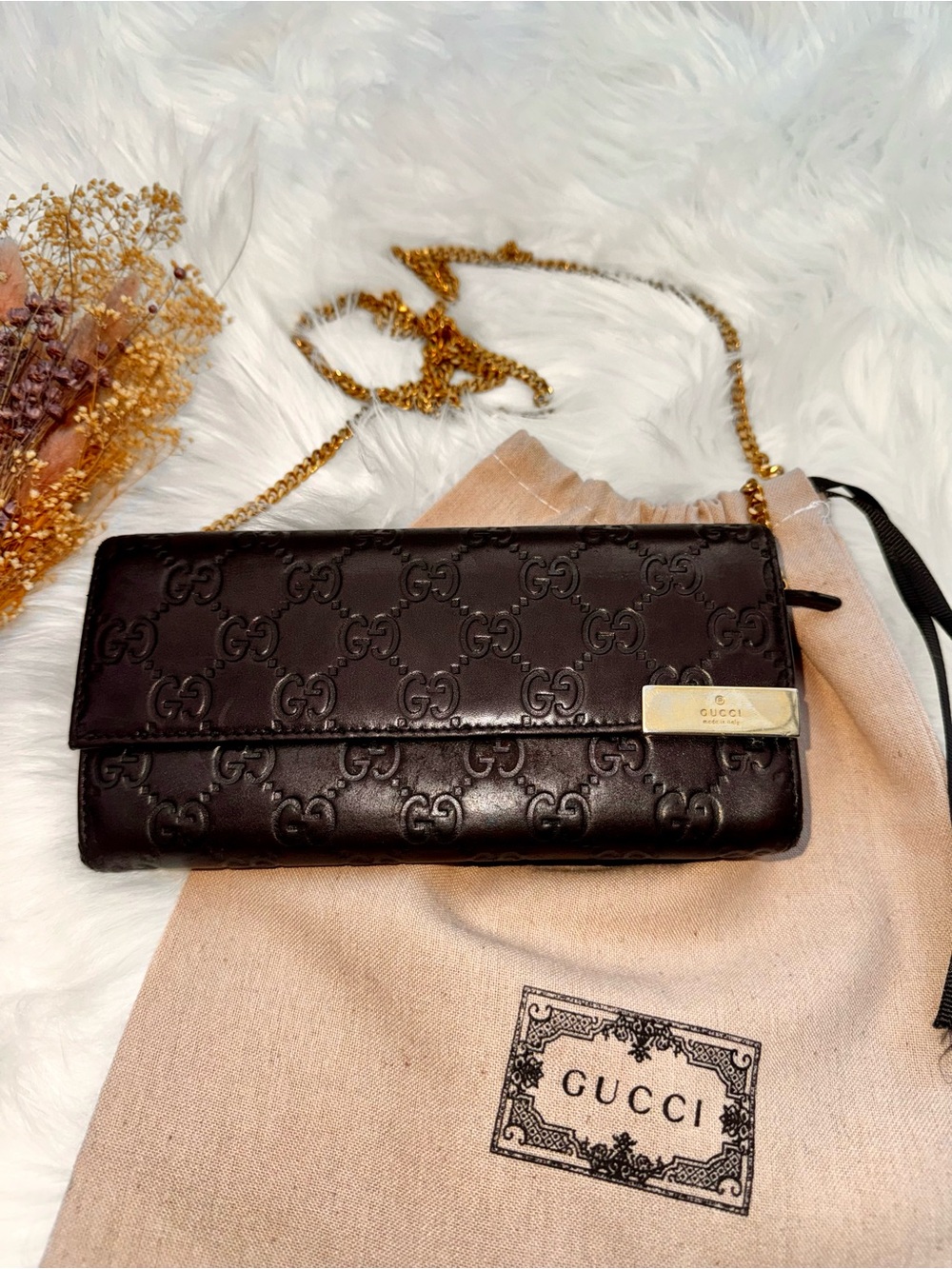 GUCCI Brown Guccissima Leather Chain Crossbody Clutch + Dust Bag 7x4x1